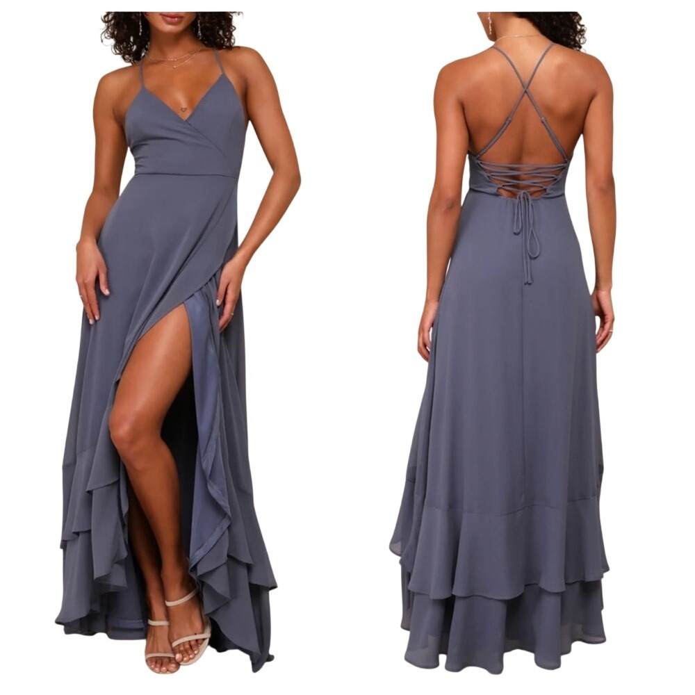 Lulus Slate Blue Lace-Up Back Ruffle Maxi‎ Dress High-Low Formal Gown
